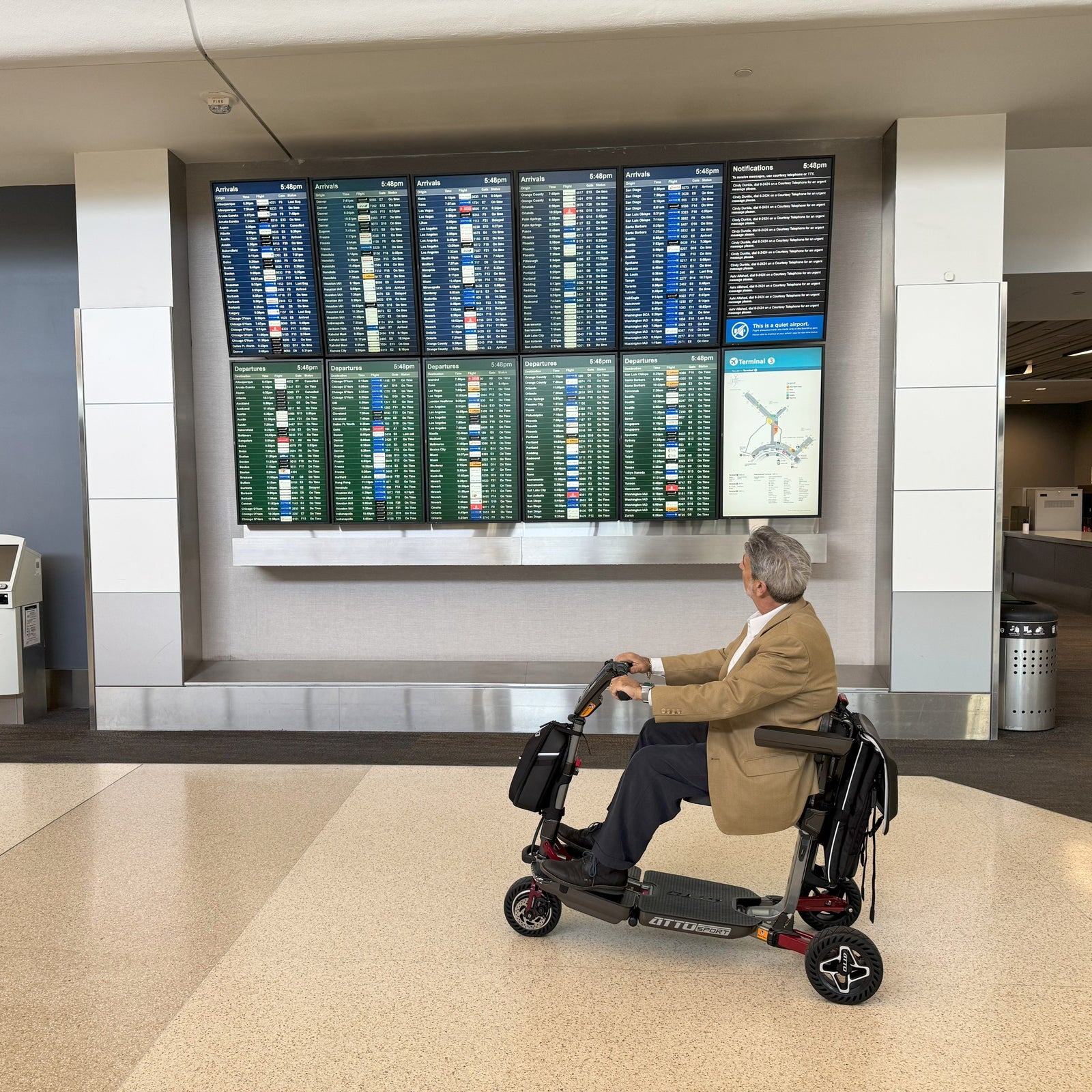 Traveling in an airport with a mobility scooter