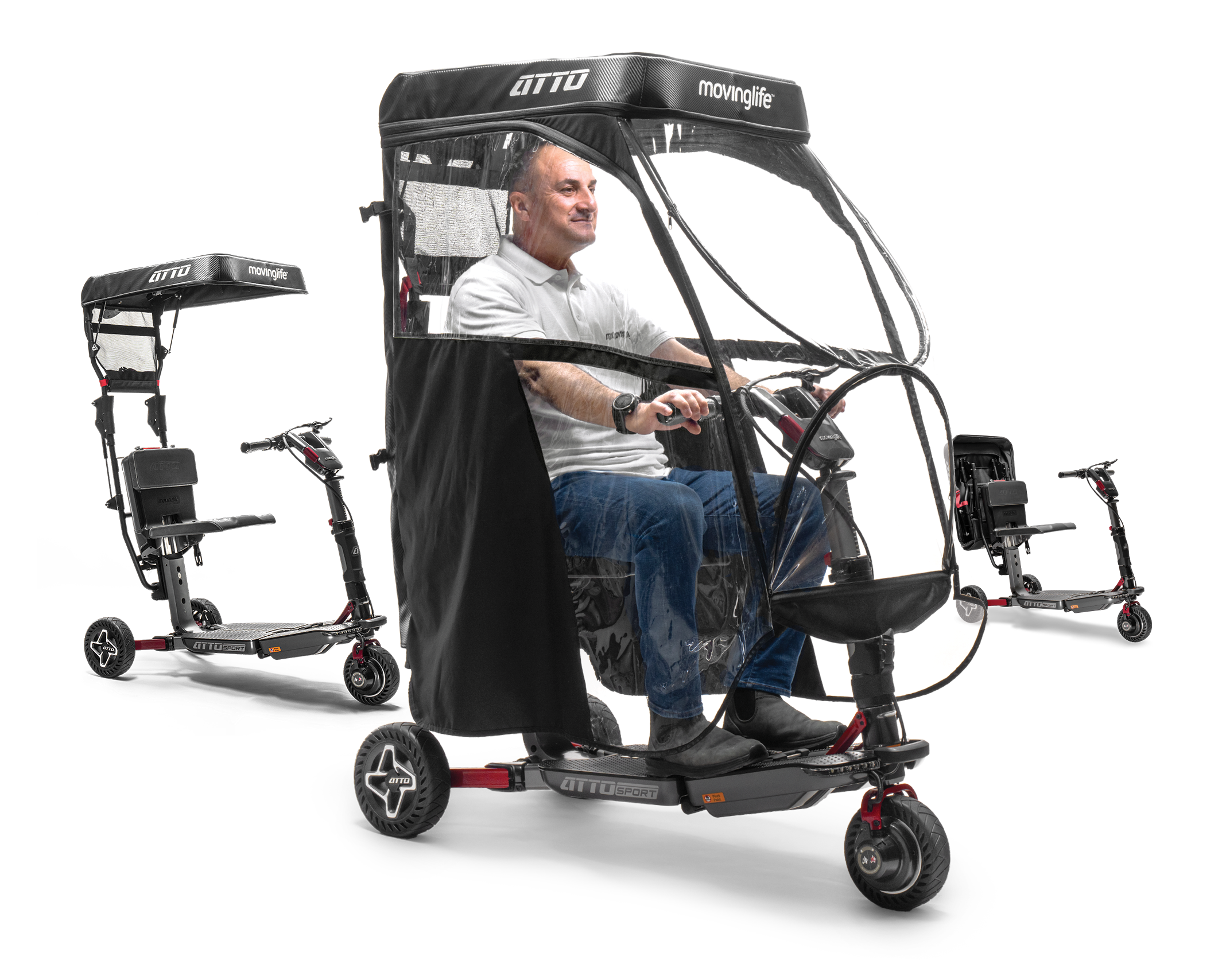Moving Life ATTO mobility scooter with weather canopy shown in multiple configurations