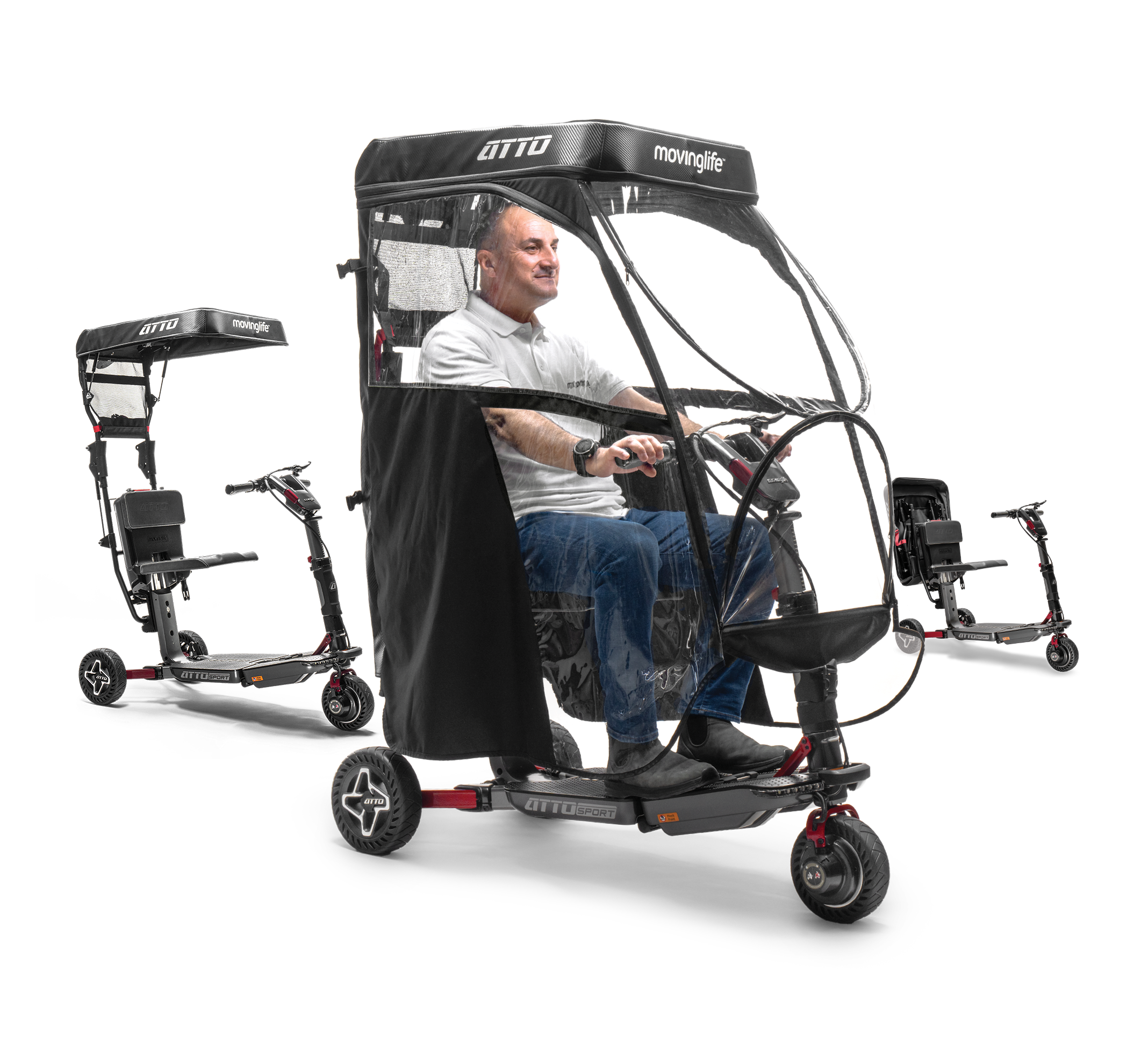 Moving Life ATTO mobility scooter with weather canopy shown in multiple configurations