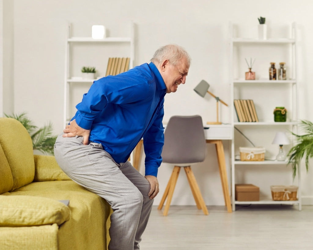 Old man with MS and chronic issues getting up from the couch