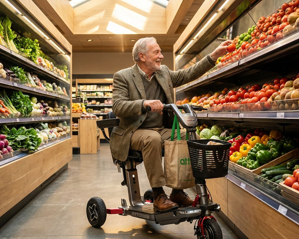 Man on mobility scooter in grocery store
